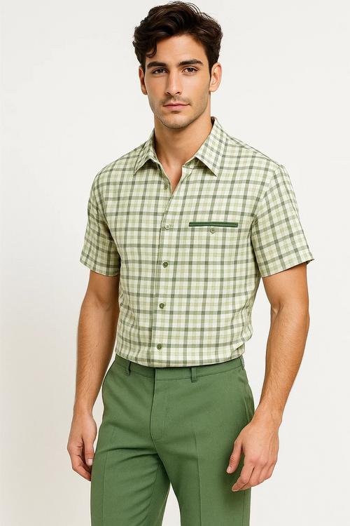 Mens Plaid Walking Suit in Sage by Dreams by Zacchi – 2 Piece Leisure Outfit with Matching shirt and pant - $99
