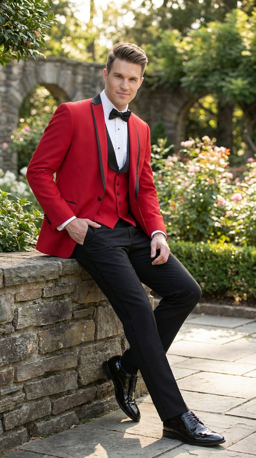 Mens Red and Black Tuxedo – Three Piece Formal Suit with Satin Shawl Lapel for Wedding and Prom
