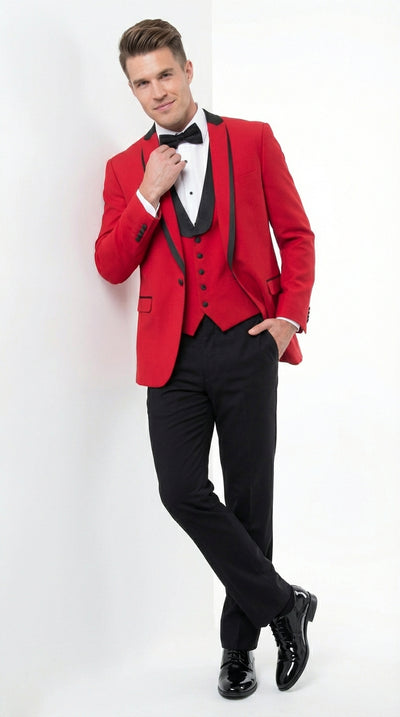Mens Red and Black Tuxedo – Three Piece Formal Suit with Satin Shawl Lapel for Wedding and Prom