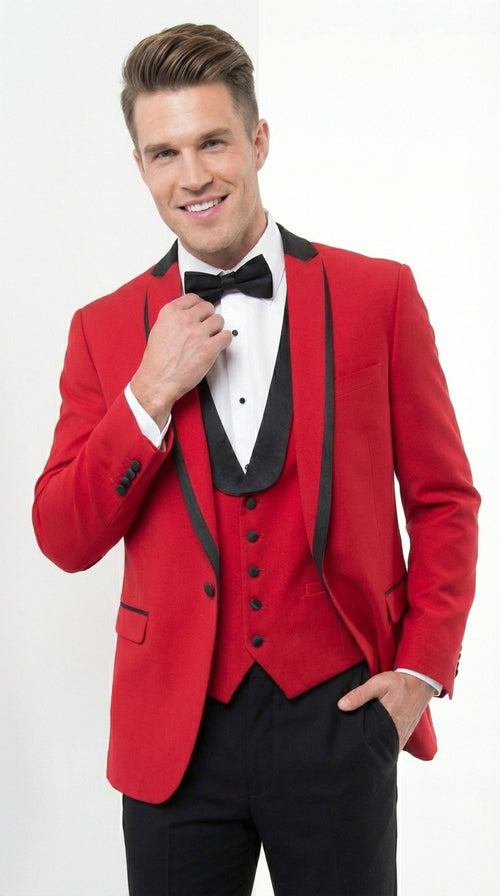 Mens Red and Black Tuxedo – Three Piece Formal Suit with Satin Shawl Lapel for Wedding and Prom