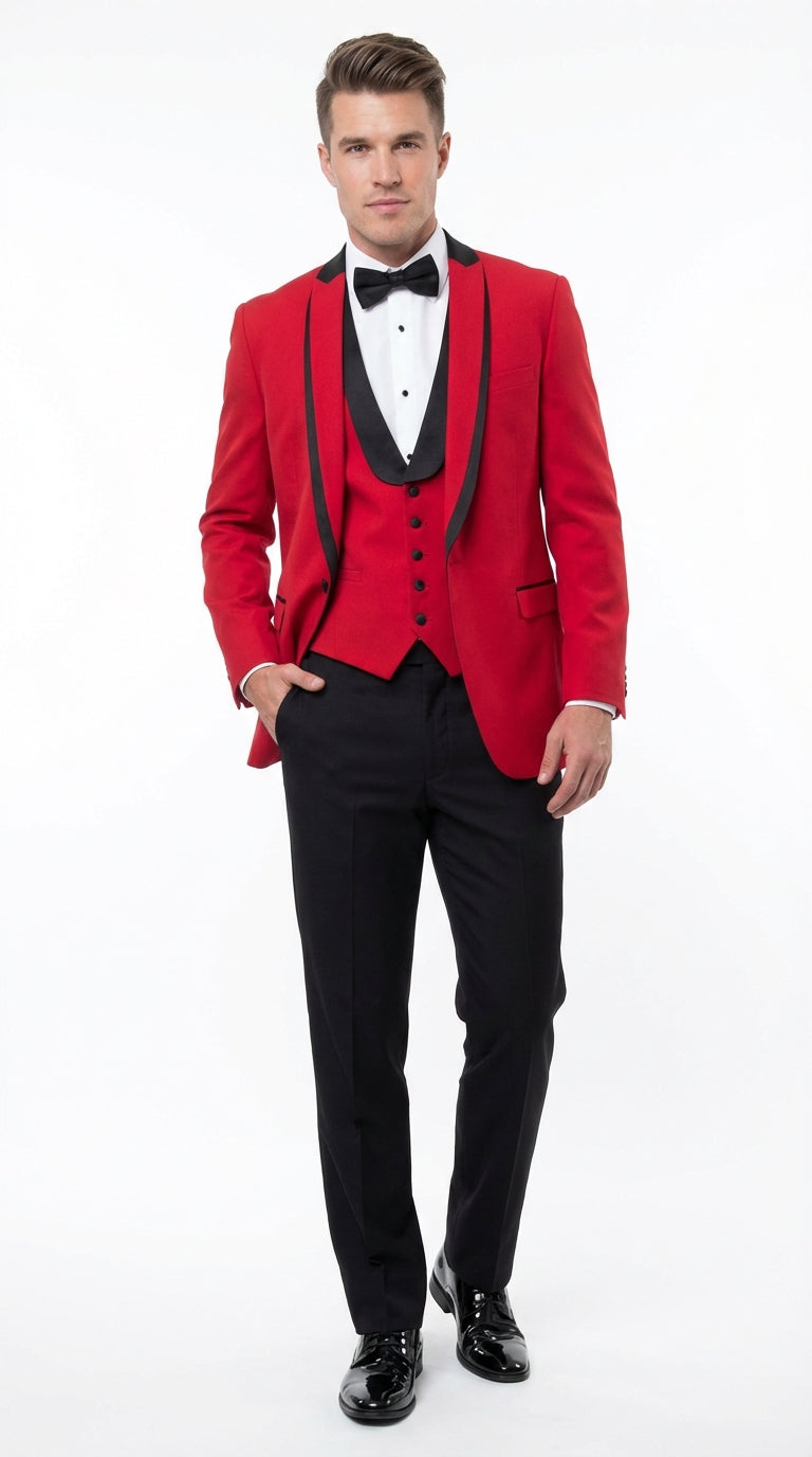 Mens Red and Black Tuxedo – Three Piece Formal Suit with Satin Shawl Lapel for Wedding and Prom – SuitUSA