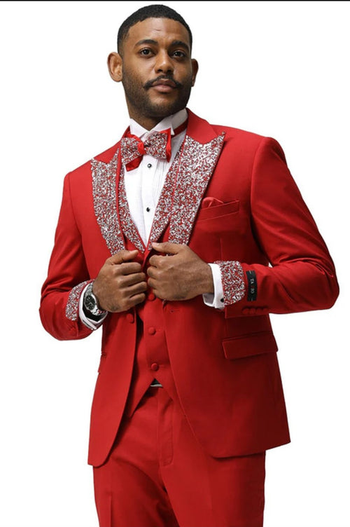 Men’s Red And White Lapel Three-Piece Tuxedo with Sequin Lapel and Matching Bow Tie - Chirstmas Suit