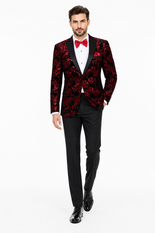 Unique Prom Suits - Interesting Fun - Men's Modern Fit Velvet Floral Paisley Foil Red and Black Tuxedo Jacket