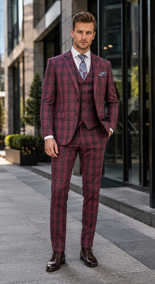 Mens Red Burgundy Plaid 3-Piece Suit - Classic Checkered Modern Fit Suit for Weddings, Church and Formal Events - USA Men's Outlet