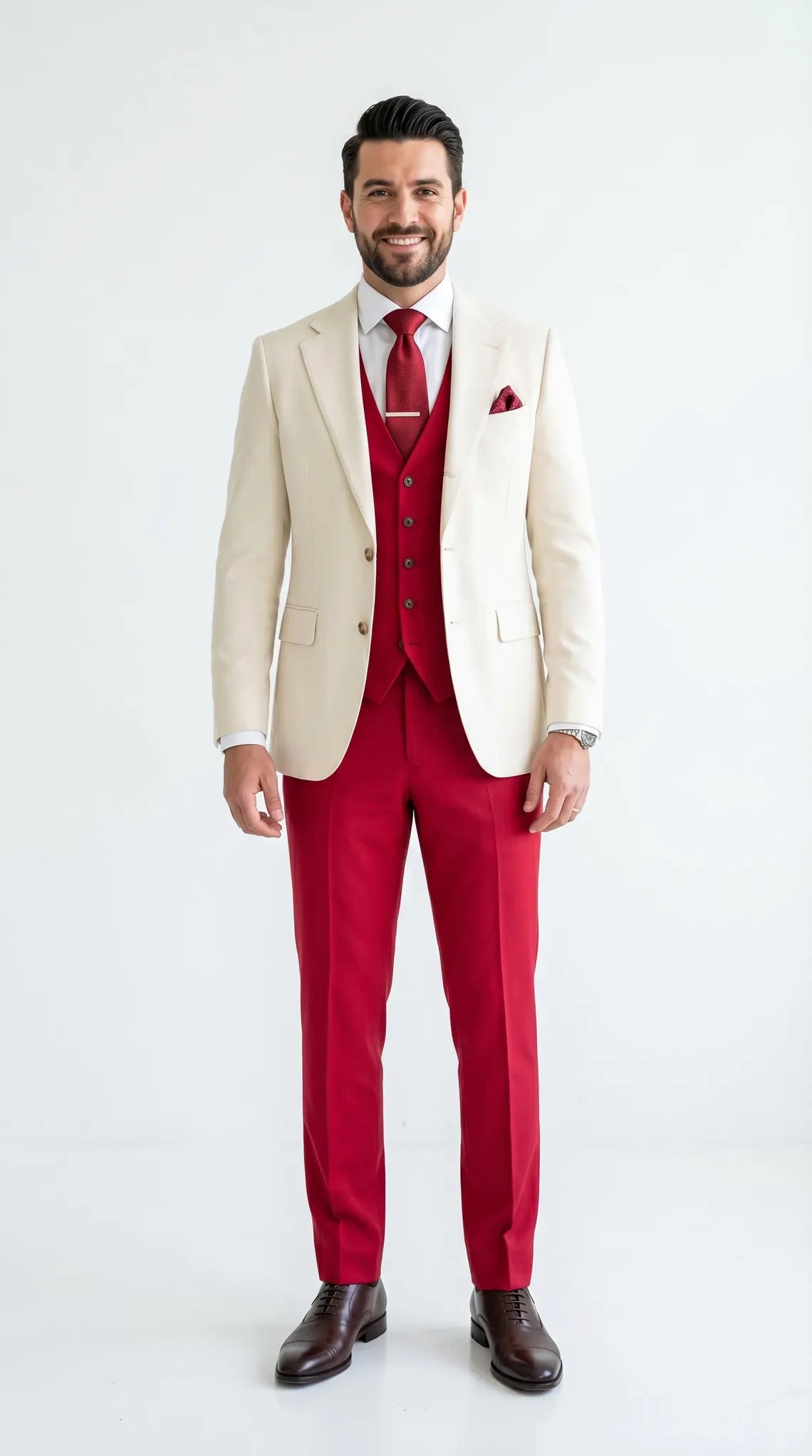 Men's Cream and Red 3 Piece Suit β Cream Blazer, Red Vest Suit and Red Pants