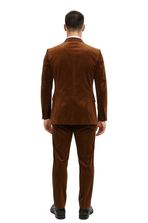 Mens Brown Velvet 2-Piece Suit – Luxury Slim Fit Formal Blazer and Pants Set in Rust Copper Color