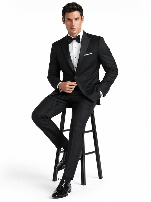 Mens Designer Kenneth Cole Slim Fit One Button Peak Tuxedo in Black - Mens Slim Fitted Tuxedo by Designer Tuxedos