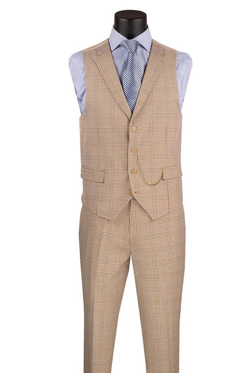 Marc Darcy Wedding Suits Men's Slim Fit Vested Glen Plaid Summer Business Suit in Beige
