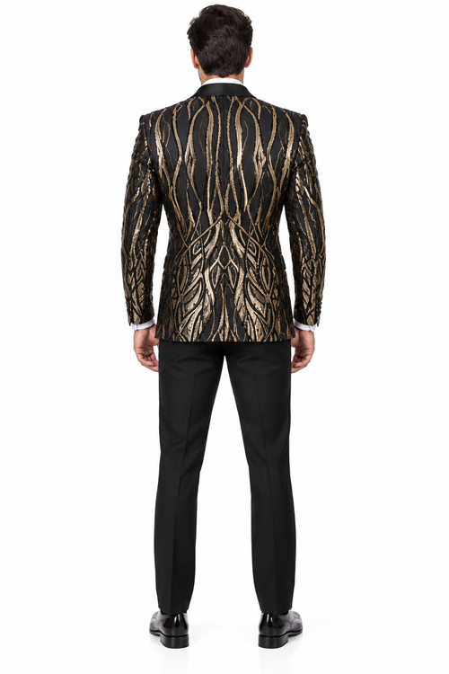 Black Prom Suit - Mens Square Shawl Lapel Black & Gold Sequin Prom Tuxedo Jacket