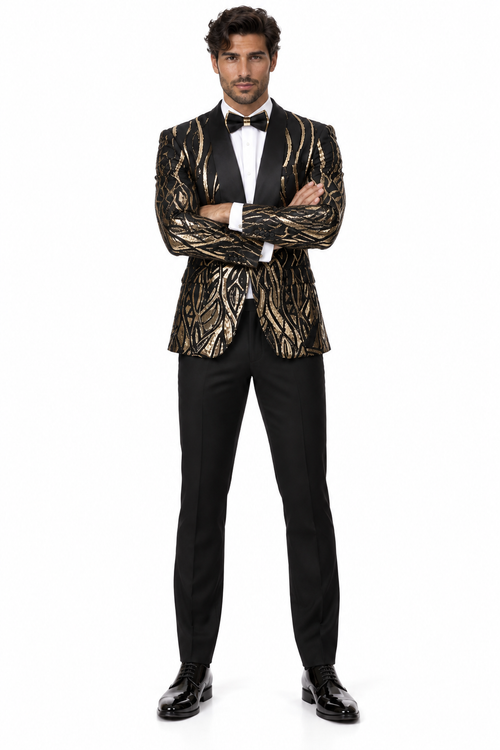 Black Prom Suit - Mens Square Shawl Lapel Black & Gold Sequin Prom Tuxedo Jacket