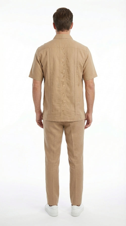 Mens Tan Embroidered Walking Suit Set – Short Sleeve Shirt and Pants Casual Summer Outfit for Vacation, Beach in khaki Beige Color