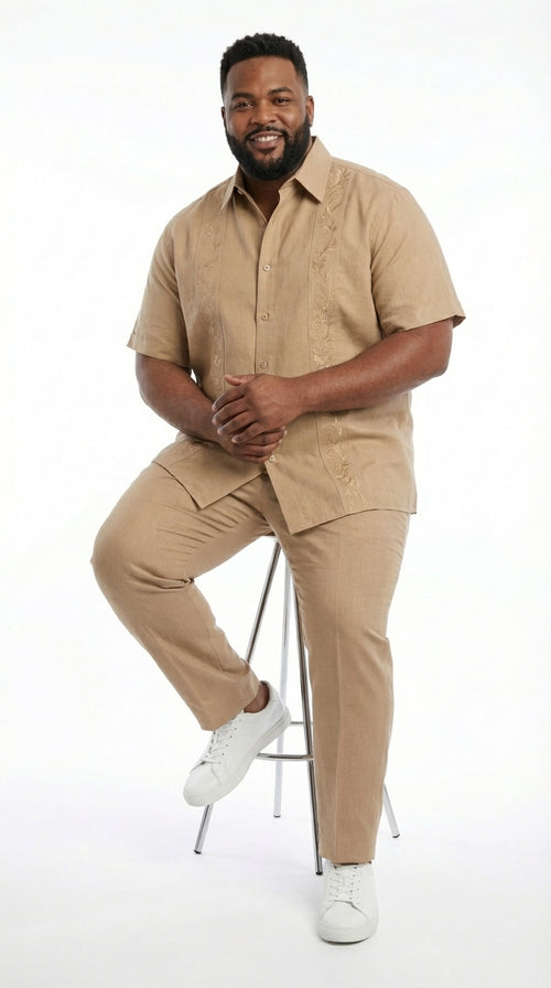 Mens Tan Embroidered Walking Suit Set – Short Sleeve Shirt and Pants Casual Summer Outfit for Vacation, Beach in khaki Beige Color