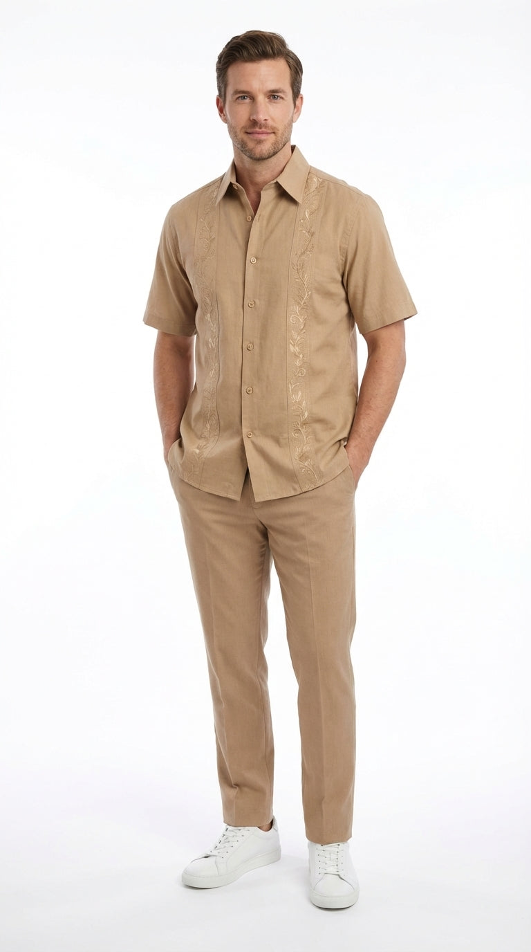Mens Tan Embroidered Walking Suit Set – Short Sleeve Shirt and Pants Casual Summer Outfit for Vacation, Beach in khaki Beige Color – SuitUSA