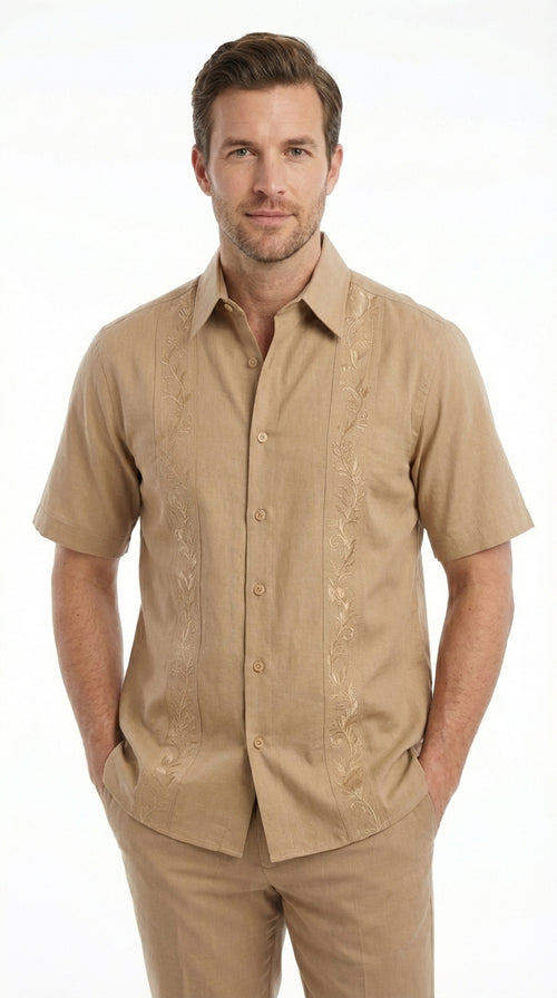 Mens Tan Embroidered Walking Suit Set – Short Sleeve Shirt and Pants Casual Summer Outfit for Vacation, Beach in khaki Beige Color