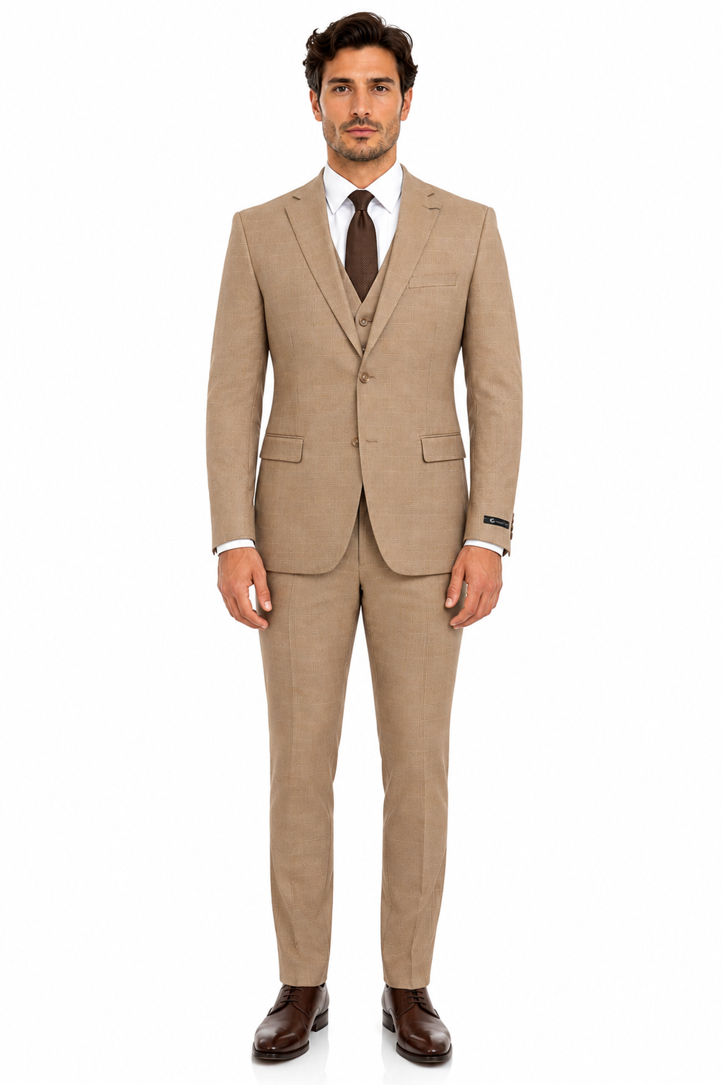 Men’s Tan Plaid 3-Piece Tailored Fit Suit with Vest