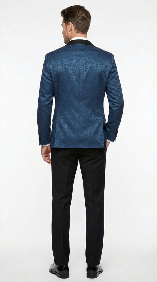 Mens Teal Blue Jacquard Paisley Blazer β Black Peak Lapel Formal Dinner Jacket Slim Fit