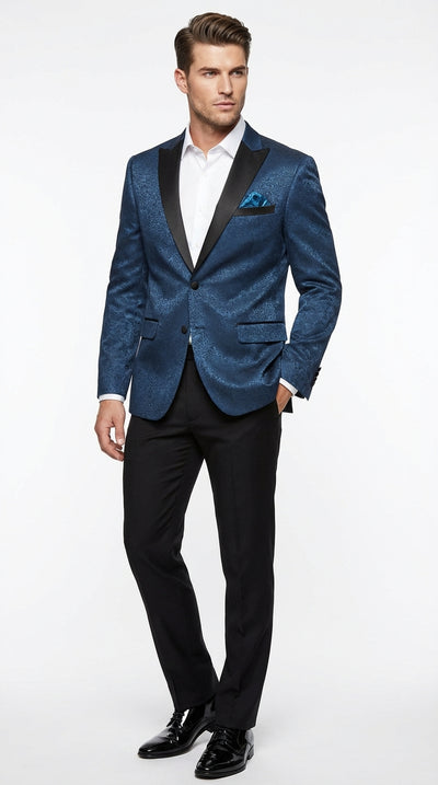 Mens Teal Blue Jacquard Paisley Blazer – Black Peak Lapel Formal Dinner Jacket Slim Fit