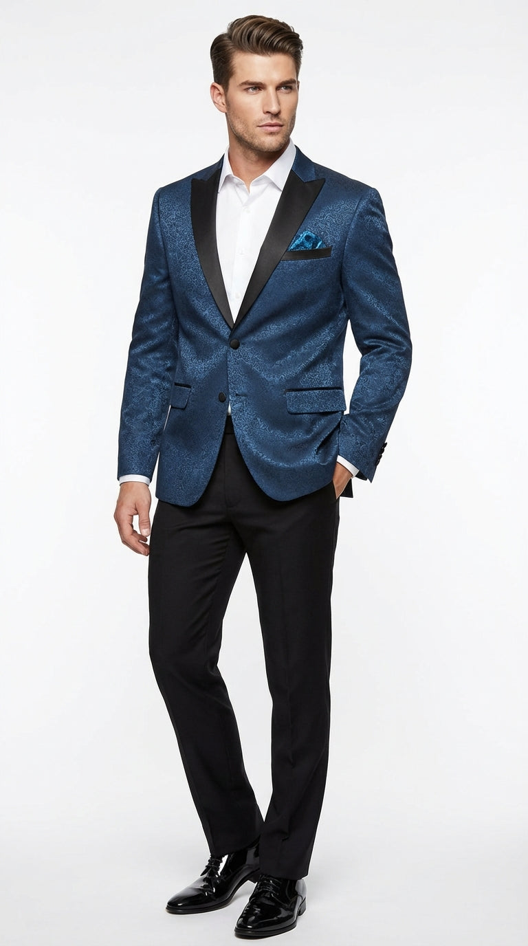 Mens Teal Blue Jacquard Paisley Blazer – Black Peak Lapel Formal Dinner Jacket Slim Fit – SuitUSA