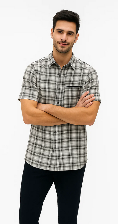 Mens Textured Plaid Walking Suit in black/white by Dreams by Zacchi – 2 Piece Leisure Outfit with matching shirt and pant --$99