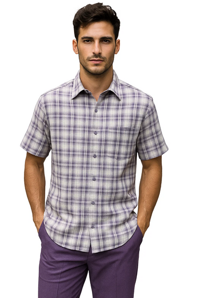 Mens Textured Plaid Walking Suit in Lavender/Off White by Dreams by Zacchi – 2 Piece Leisure Outfit with Matching Shirt and pant -$99