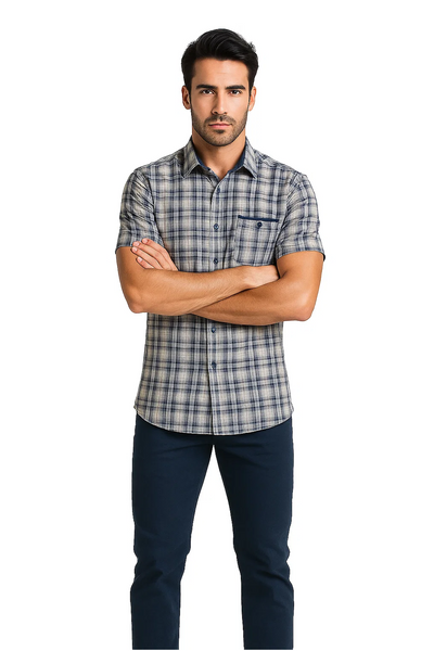 Mens Textured Plaid Walking Suit in Navy/white by Dreams by Zacchi – 2 Piece Leisure Outfit with matching shirt and pant -$99
