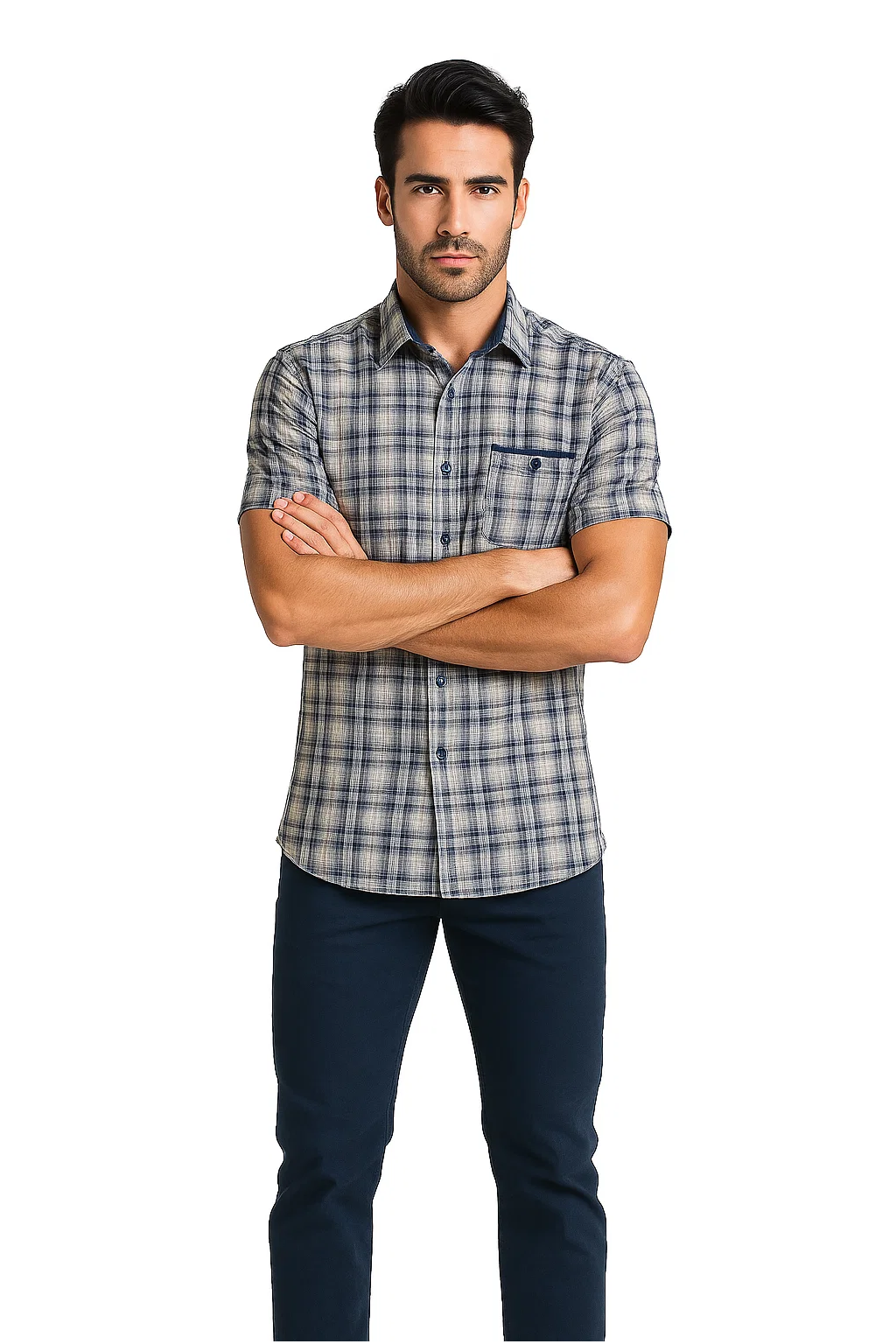 Mens Textured Plaid Walking Suit in Navy/white by Dreams by Zacchi – 2 Piece Leisure Outfit with matching shirt and pant -$99