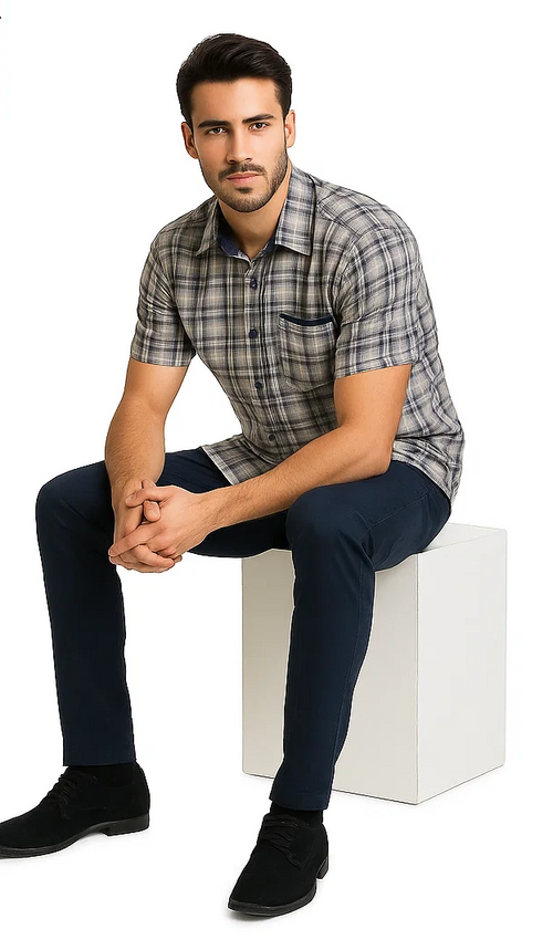 Mens Textured Plaid Walking Suit in Navy/white by Dreams by Zacchi β 2 Piece Leisure Outfit with matching shirt and pant -$99