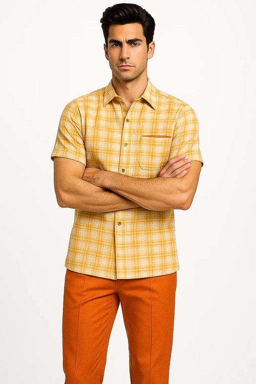 Mens Textured Plaid Walking Suit in orange/cream by Dreams by Zacchi β 2 Piece Leisure Outfit with Matching Shirt and Pants - $99