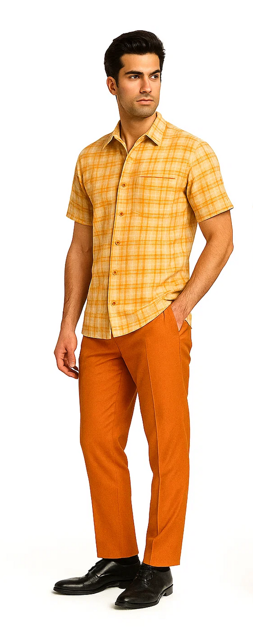 Mens Textured Plaid Walking Suit in orange/cream by Dreams by Zacchi β 2 Piece Leisure Outfit with Matching Shirt and Pants - $99