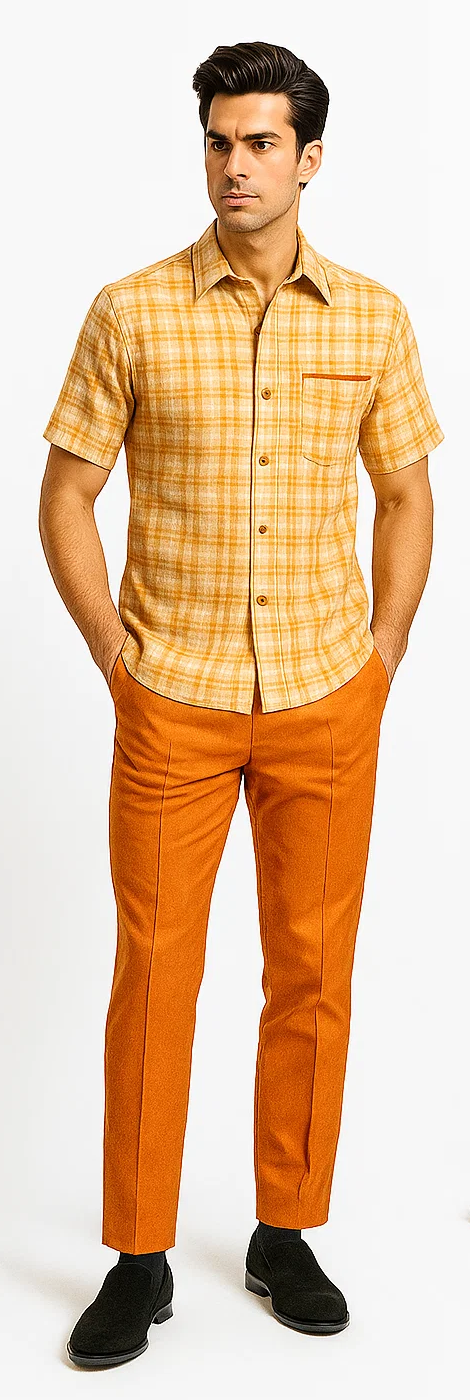 Mens Textured Plaid Walking Suit in orange/cream by Dreams by Zacchi β 2 Piece Leisure Outfit with Matching Shirt and Pants - $99