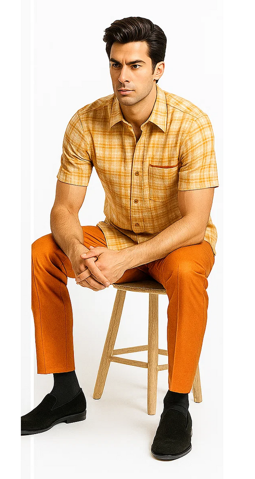 Mens Textured Plaid Walking Suit in orange/cream by Dreams by Zacchi β 2 Piece Leisure Outfit with Matching Shirt and Pants - $99