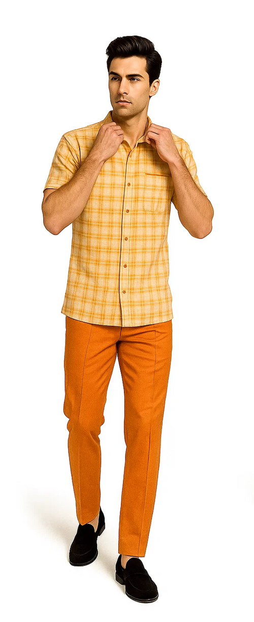 Mens Textured Plaid Walking Suit in orange/cream by Dreams by Zacchi β 2 Piece Leisure Outfit with Matching Shirt and Pants - $99