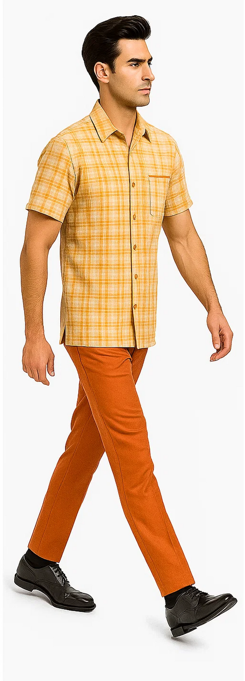Mens Textured Plaid Walking Suit in orange/cream by Dreams by Zacchi β 2 Piece Leisure Outfit with Matching Shirt and Pants - $99