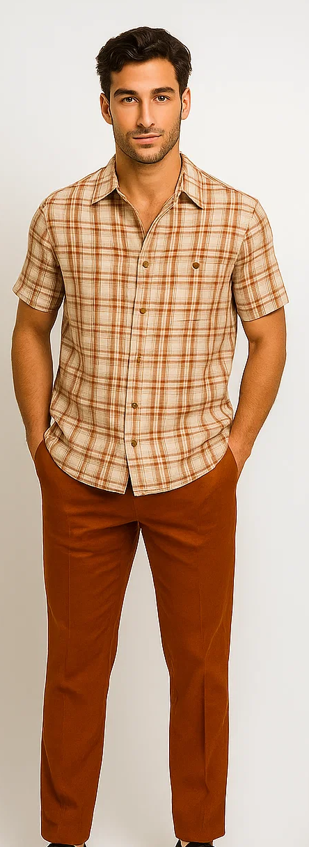 Mens Textured Plaid Walking Suit in papaya/cream by Dreams by Zacchi – 2 Piece Leisure Outfit with matching shirt and pant -$99