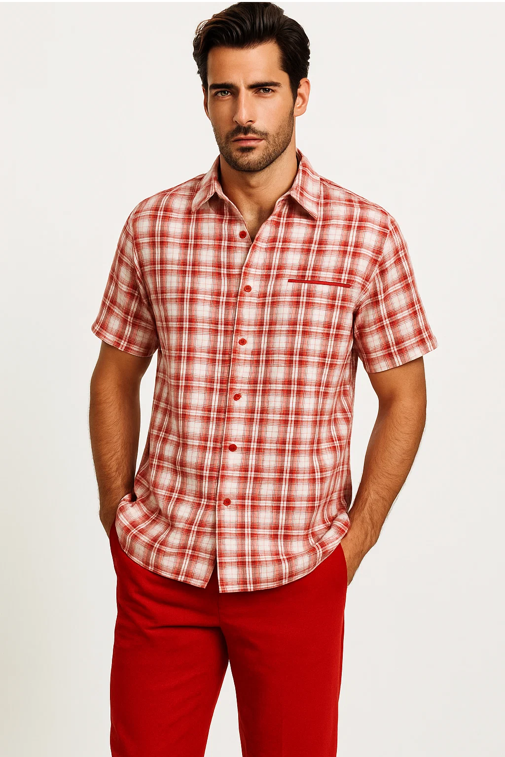 Mens Textured Plaid Walking Suit in red/offwhite by Dreams by Zacchi – 2 Piece Leisure Outfit with matching shirt and pant -$99