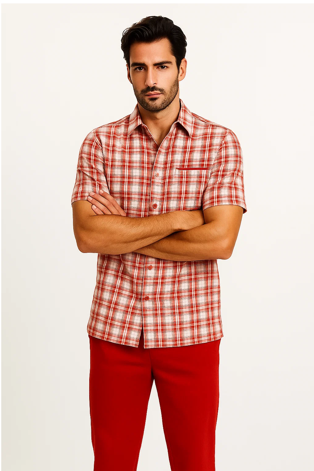 Mens Textured Plaid Walking Suit in red/offwhite by Dreams by Zacchi – 2 Piece Leisure Outfit with matching shirt and pant -$99