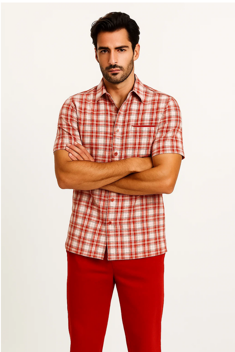 Mens Textured Plaid Walking Suit in red/offwhite by Dreams by Zacchi – 2 Piece Leisure Outfit with matching shirt and pant -$99