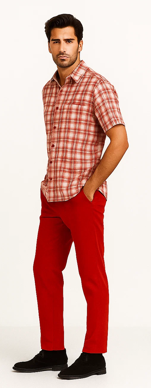 Mens Textured Plaid Walking Suit in red/offwhite by Dreams by Zacchi – 2 Piece Leisure Outfit with matching shirt and pant -$99