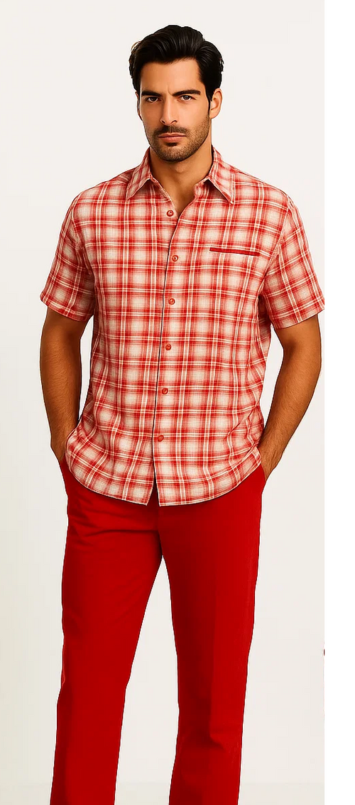 Mens Textured Plaid Walking Suit in red/offwhite by Dreams by Zacchi – 2 Piece Leisure Outfit with matching shirt and pant -$99