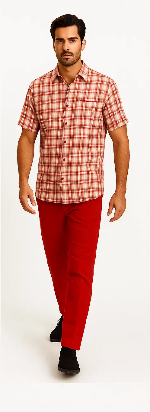 Mens Textured Plaid Walking Suit in red/offwhite by Dreams by Zacchi – 2 Piece Leisure Outfit with matching shirt and pant -$99