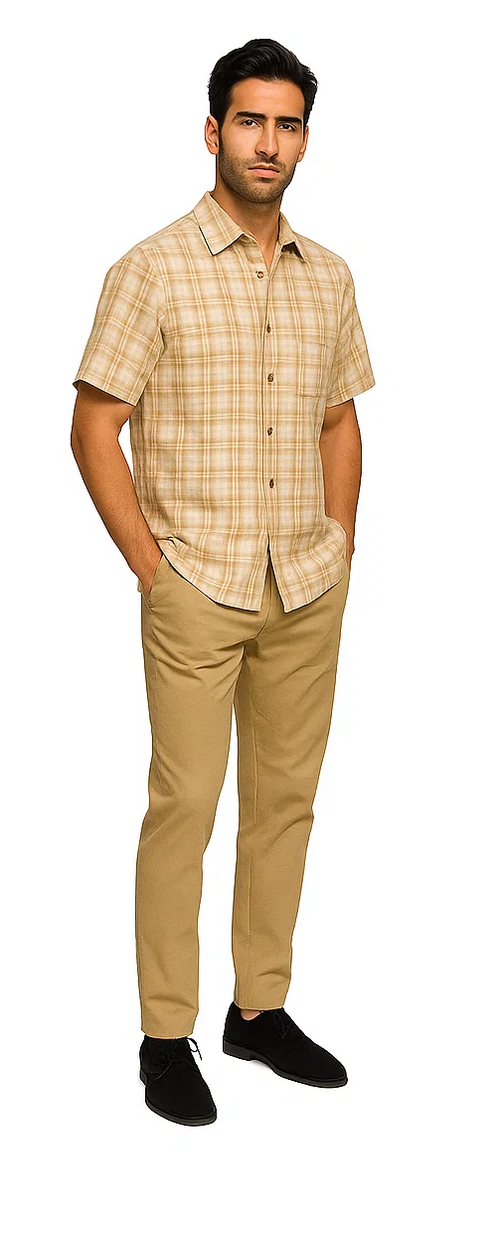 Mens Textured Plaid Walking Suit in tan/cream by Dreams by Zacchi – 2 Piece Leisure Outfit with matching shirt and pant -$99