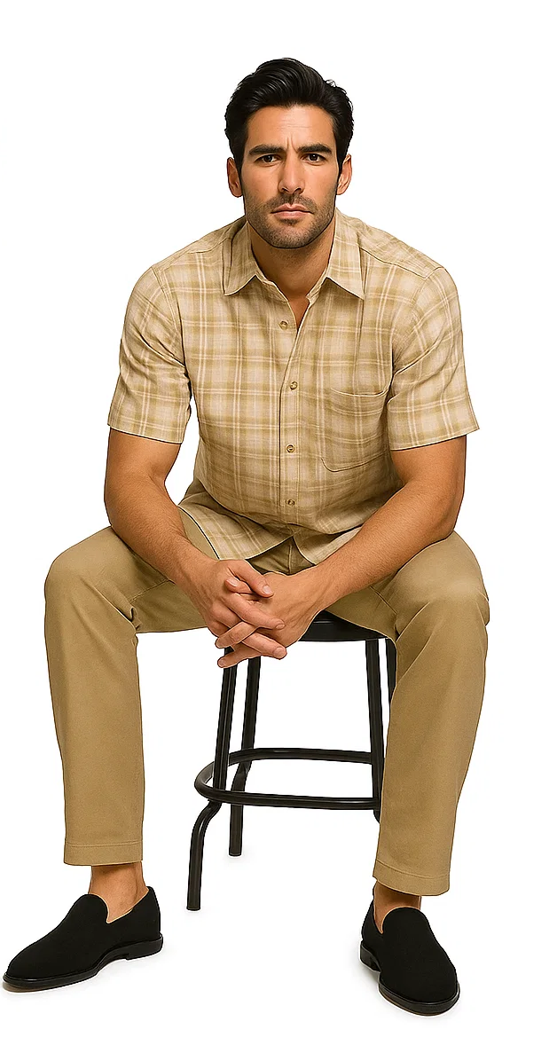 Mens Textured Plaid Walking Suit in tan/cream by Dreams by Zacchi – 2 Piece Leisure Outfit with matching shirt and pant -$99