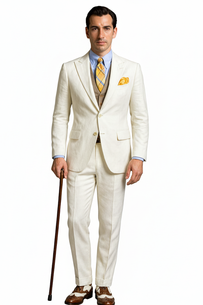 Mens The Great Gatsby Vested Peak Lapel Suit in Ivory with Brown Vest