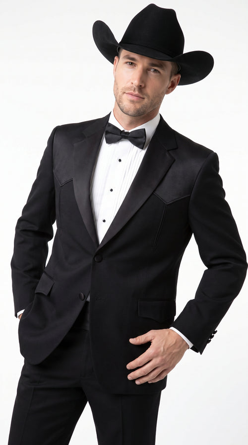Mens Traditional Black Western Tuxedo Suit ā 2 Piece Cowboy Formal Suit with Western Yoke Sport Coat & Matching Black Pants