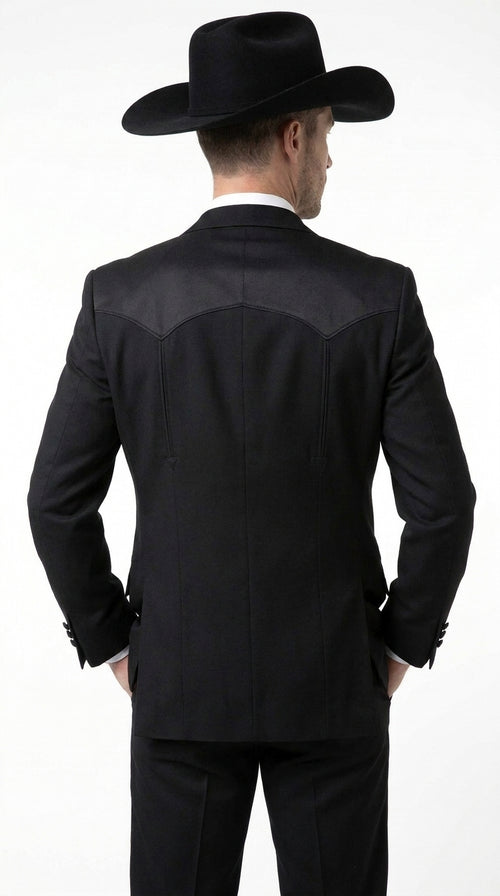 Mens Traditional Black Western Tuxedo Suit ā 2 Piece Cowboy Formal Suit with Western Yoke Sport Coat & Matching Black Pants