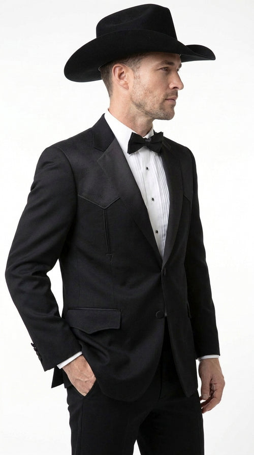 Mens Traditional Black Western Tuxedo Suit ā 2 Piece Cowboy Formal Suit with Western Yoke Sport Coat & Matching Black Pants