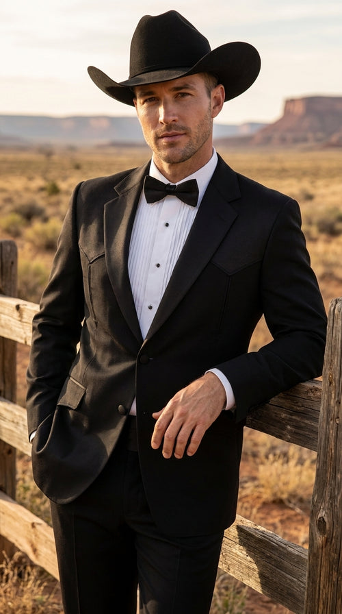 Mens Traditional Black Western Tuxedo Suit ā 2 Piece Cowboy Formal Suit with Western Yoke Sport Coat & Matching Black Pants