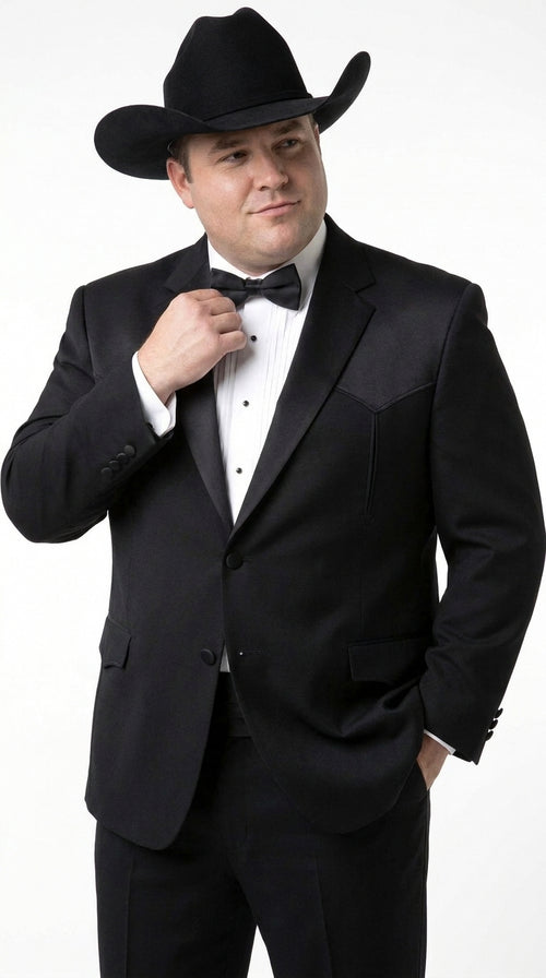 Mens Traditional Black Western Tuxedo Suit ā 2 Piece Cowboy Formal Suit with Western Yoke Sport Coat & Matching Black Pants