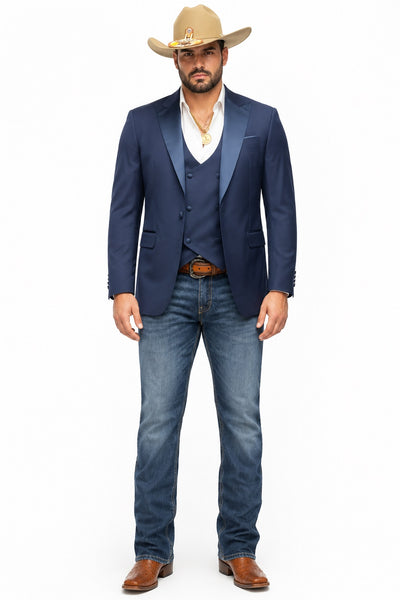 Mens Western Navy 3-Piece Suit – Cowboy Tuxedo and Blazer Formal Set