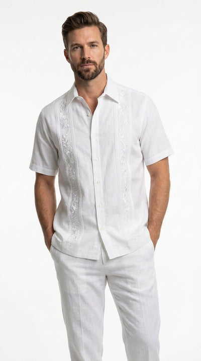 Mens White Embroidered Walking Suit Set – Short Sleeve Shirt and Pants Casual Summer Outfit for Vacation, Beach and Everyday Wear